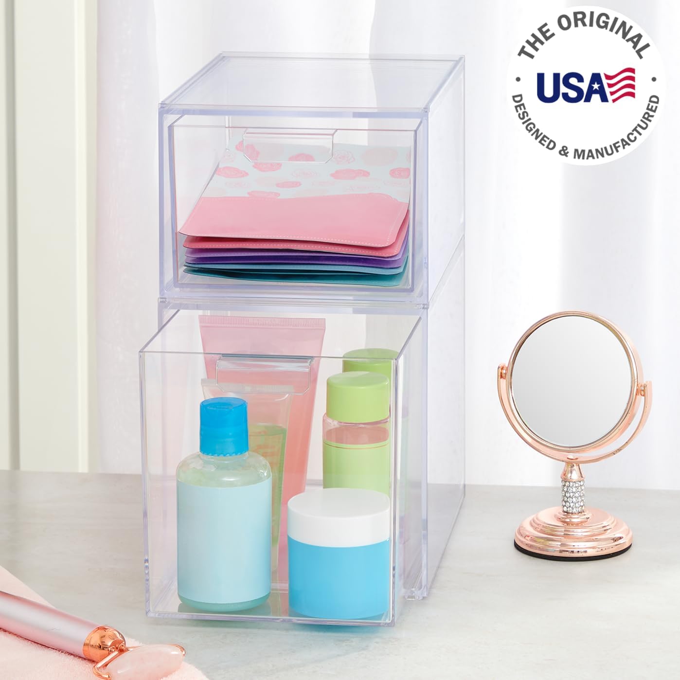 STORi Audrey Stackable Clear Bin Plastic Organizer Drawers | 2 Piece Set | Organize Cosmetics and Beauty Supplies on a Vanity | Made in USA