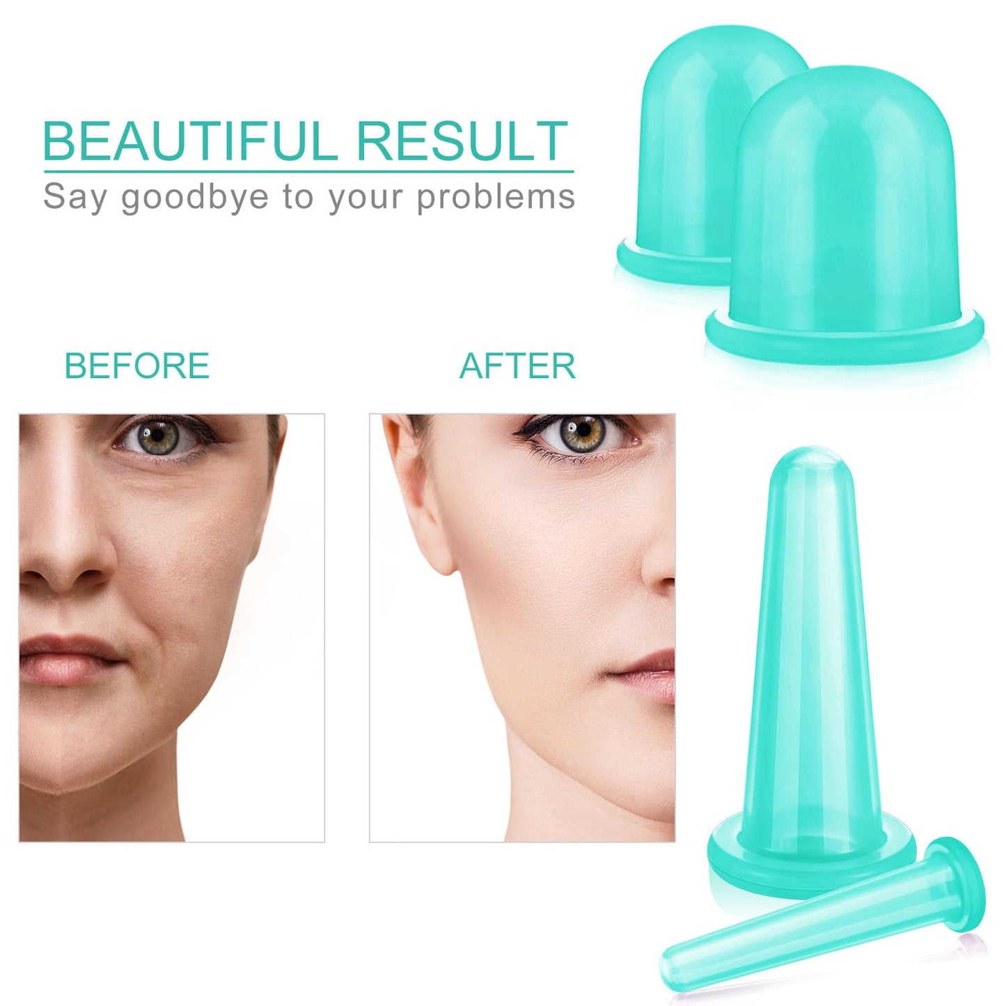 BBTO Silicone Facial Cupping Set, Vacuum Massage Cup Kit for Body, Face, Neck, Back, and Eye, 6 Cups and Exfoliating Brush (Mint Green)