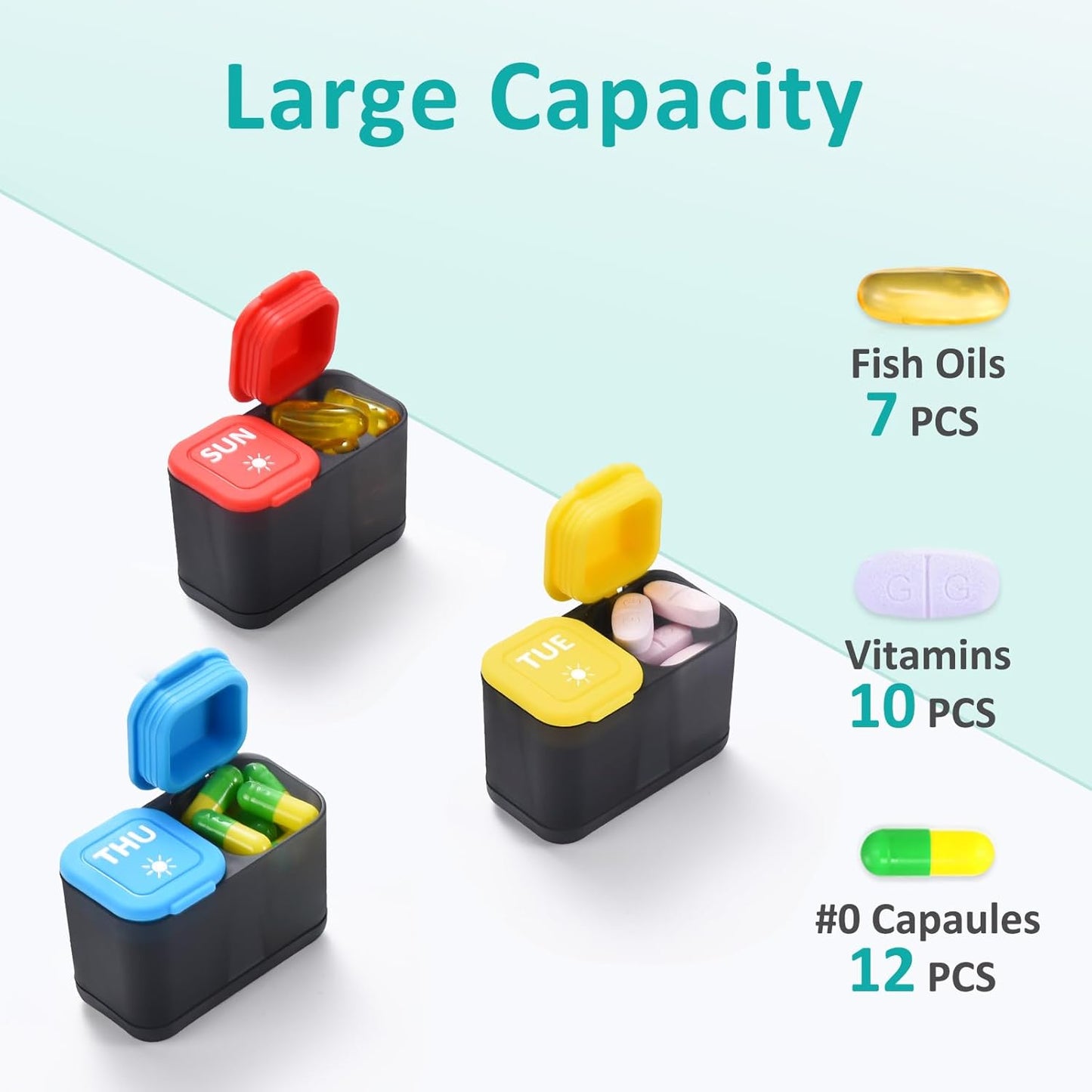 Fullicon Moisture-Proof Pill Organizer 2 Times a Day, Weekly Pill Boxes & Organiser with Silicone Lids, Large Capacity AM PM Pill Organizer 7 Day, Travel Pill Case for Vitamins (Black Rainbow)