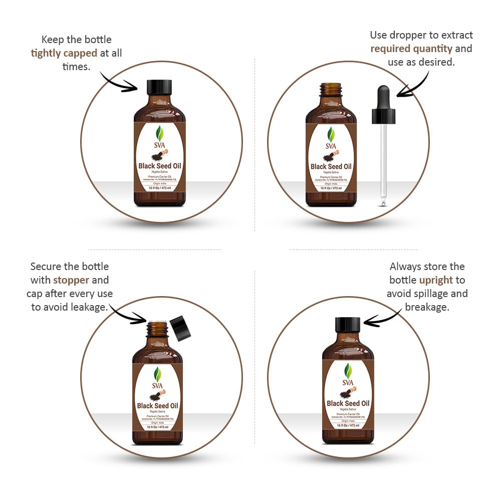 SVA Black Seed Oil - 4 Fl Oz – 100% Natural Cold Pressed Black Seed Oil - for Face, Skin Care, Hair Care, Scalp Massage & Body Massage – Carrier Oil with Dropper