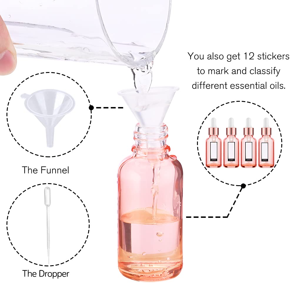 PrettyCare 4 Pack 1oz Dropper Bottles for Essential Oils with Labels, Funnel & Measured Pipettes, 30 ml Leak Proof Rose Glass Essential Oils Bottles- Empty Tincture Bottles for Personal Care & Beauty