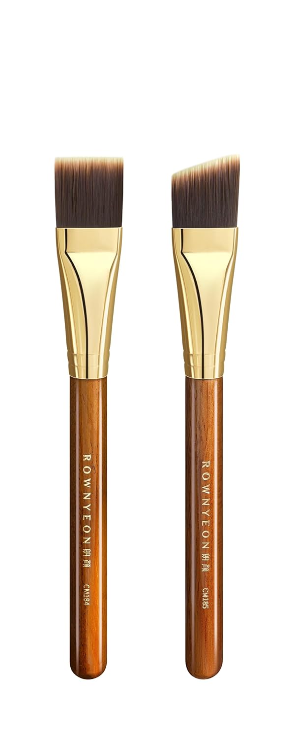 Desert Oak Series Foundation Master Duo Brush Set - CM 184 Liquid Flat Top & CM 185 Cream Angled Brush for All Foundation Types, Bubinga & Brass