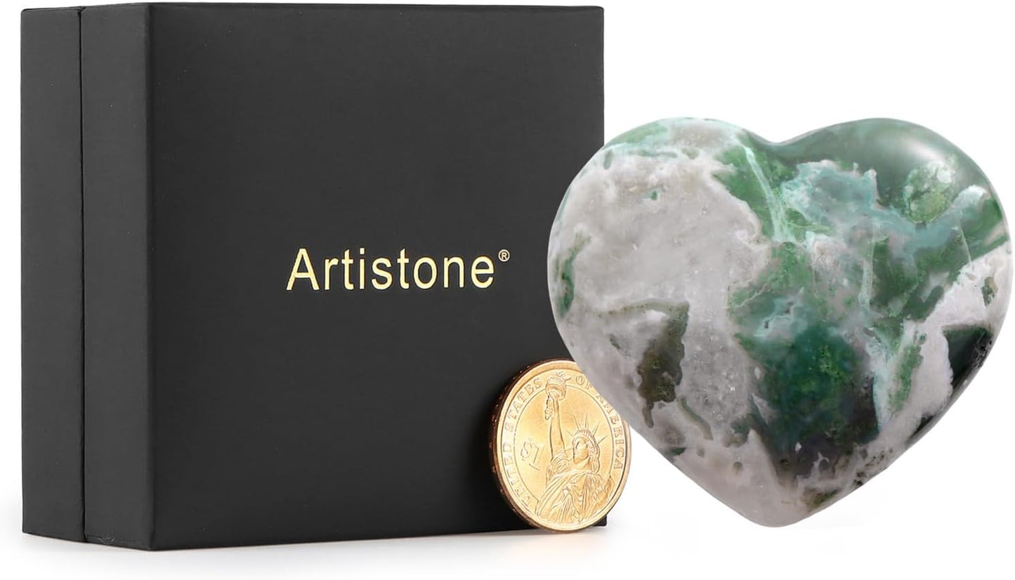 Artistone Crystals Heart 2Inch Moss Agate Heart Stones Healing Crystal Carved Palm Worry Stone Gemstone Chakra Reiki Balancing Meditation Massag Gift