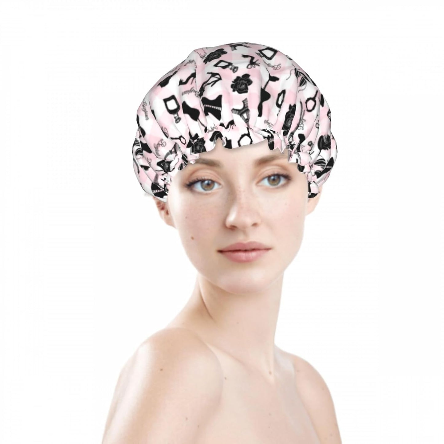 Fashion Pink Checkered Double Layer Waterproof Shower Cap for Women Reusable Bath Cap for All Long Hair Lengths Soft Bath Shower Hat