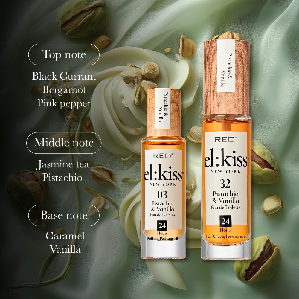 EL:KISS Hair Perfume & Body Mist, Pistachio & Vanilla Inspired by SDJ 62, Eau de Toilette 30mL (1.01 Fl Oz), Hydrating & Long-Lasting, Alcohol & Mineral Oil-Free, Jojoba/Argan Oil & Aloe Vera