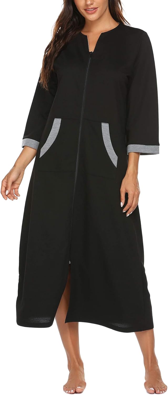 Ekouaer Women Zipper Robe 3/4 Sleeves Loungewear Dress Full Length Sleepwear Pockets Housecoat Nightgown Long Bathrobe