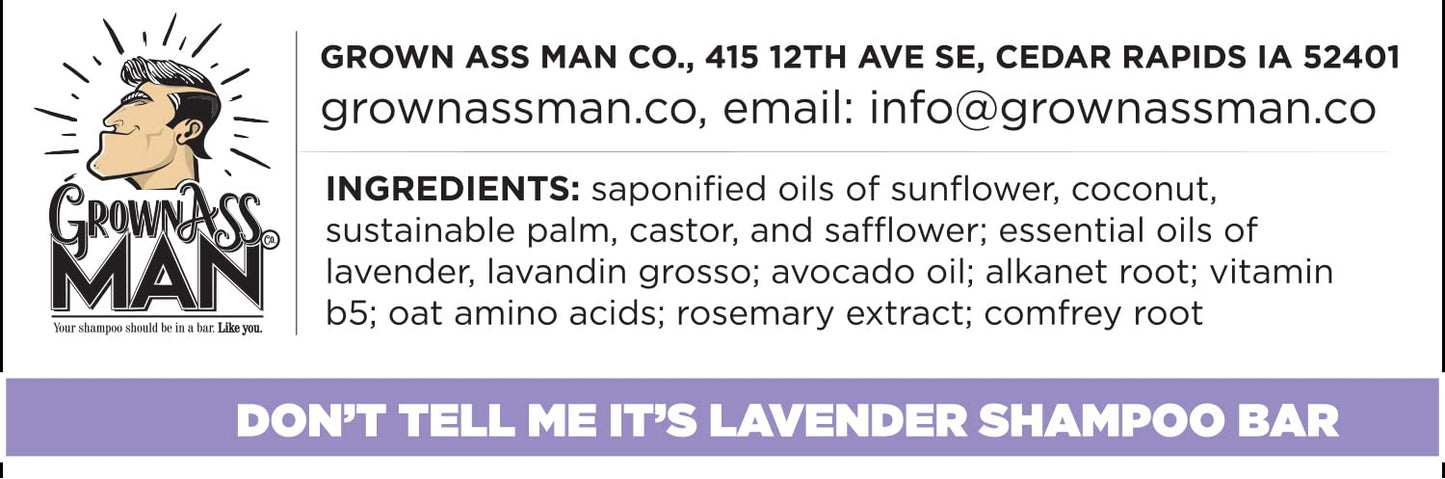 Grown Ass Man Co. - Solid Shampoo Bar Rich Lather 3 in 1: Hair, Beard & Body Wash - Plastic Free & Eco-Friendly, Natural & Organic for All Hair Types, 4oz Bar (Don't Tell Me It's Lavender, Single)