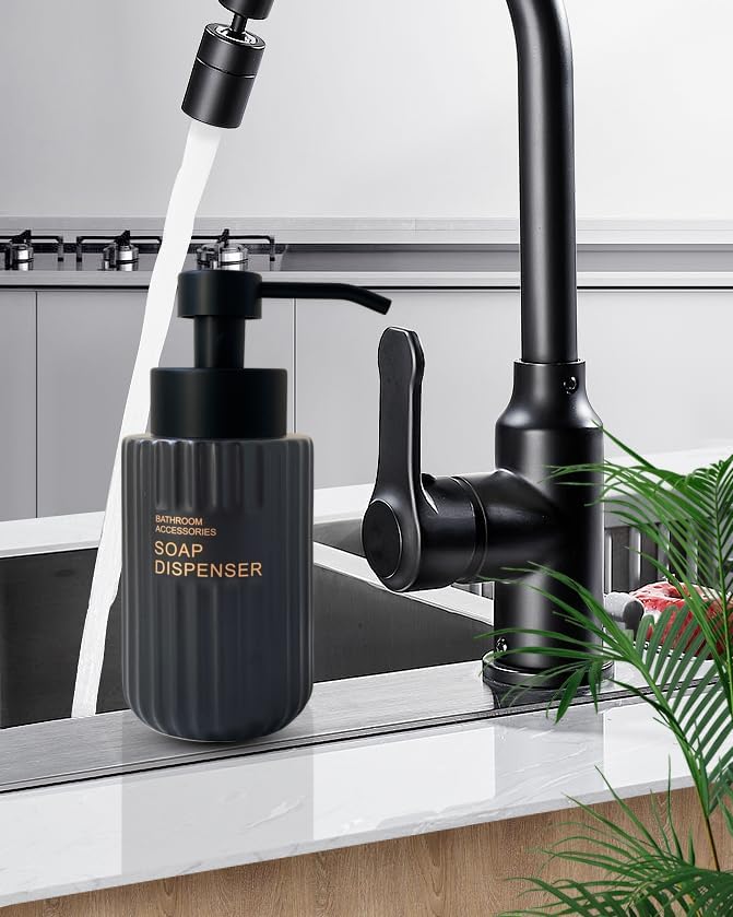 11.5 Oz Foaming Soap Dispenser for Bathroom,Kitchen Foam Soap Dispenser,Refillable Modern Foam Pump Bottle,Black Ceramic Foaming Hand Pump Dispenser (Black Stripe)