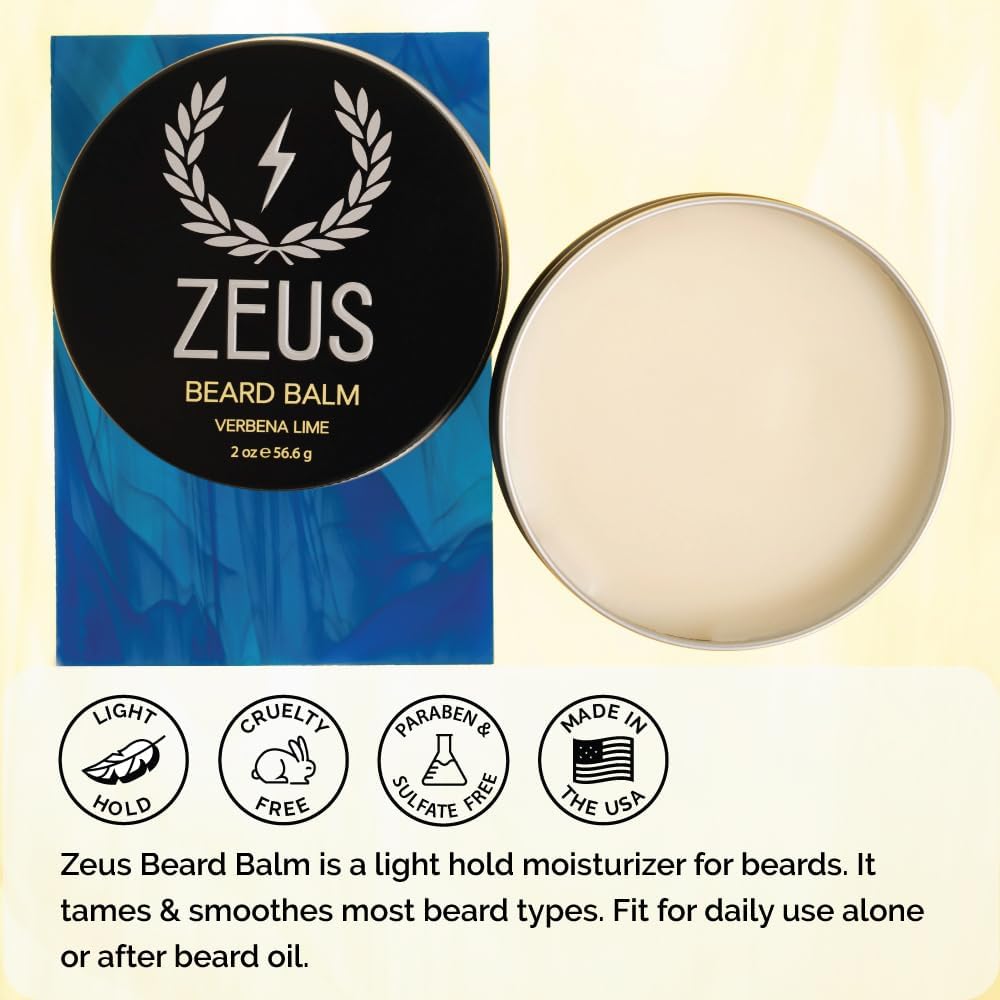 ZEUS Beard Balm, Natural Beeswax & Shea Butter Balm, Softening Conditioner for Facial Hair – MADE IN USA (Sandalwood) 2 oz.