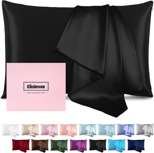 Silk Pillowcase for Hair and Skin Mulberry Silk Pillowcase Soft Breathable Smooth Both Sided Natural Silk Pillowcase with Zipper Beauty Sleep Silk Pillow Case 1 Pack for Gift (Queen, Black)