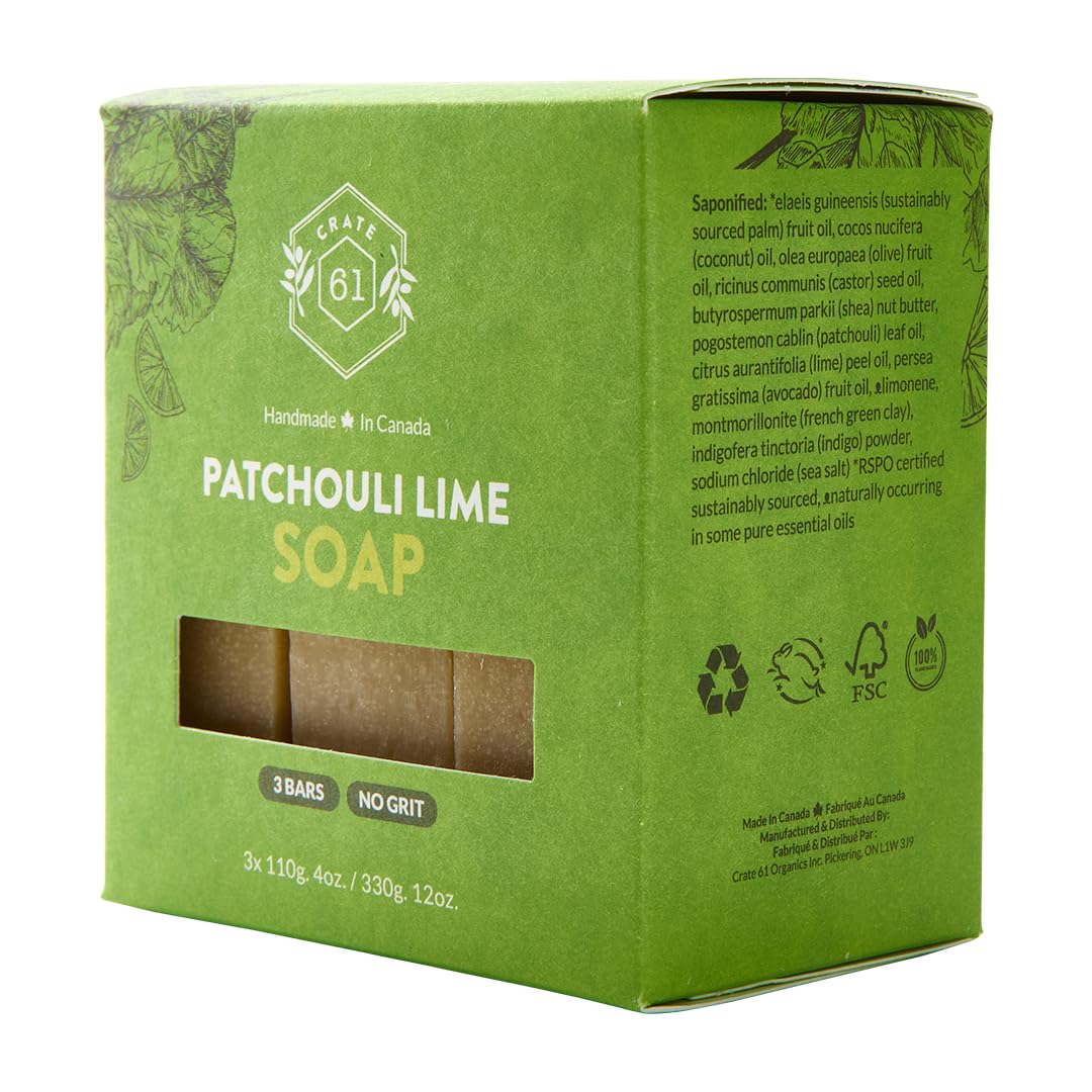 Crate 61, Handmade in Canada, Plant Based Cold Process Natural Bar Soap For Face And Body, With Premium Essential Oils, For Men And Women 3 Pack (Patchouli Lime)