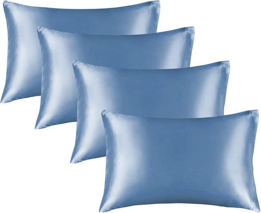 BEDELITE Satin Pillowcase for Hair and Skin, Super Soft Similar to Silk Pillow Cases 4 Pack with Envelope Closure, Cooling Pillowcases for Women Men (20"x36" King Size, Airy Blue)