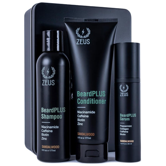 ZEUS BeardPLUS Essential Beard Growth Set for Men, Hair Growth Treatment, Shampoo, Conditioner & Serum for Thicker & Stronger Facial Hair with Biotin & Caffeine (Made in USA) 3-Piece Set