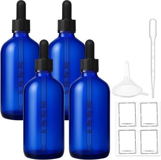 Bumobum 100ml Dropper Bottle, Blue Glass Dropper Bottle with Measured Dropper, 3.4oz Empty Eye Tincture Bottles with Funnel, Pipette & Labels for Essential Hair Oils Serums, 4 Pack