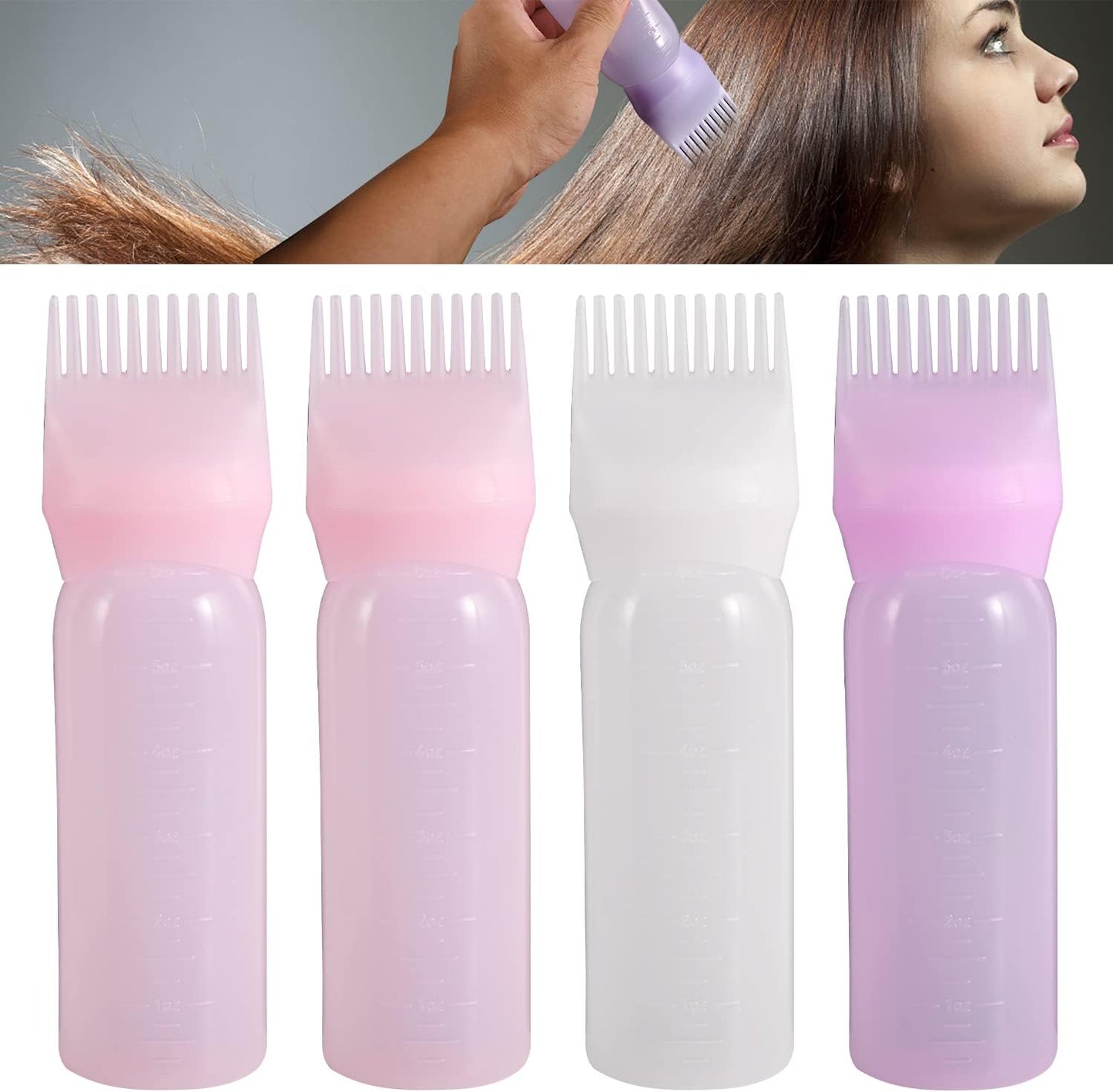 Abnaok Root Comb Applicator Bottle, 6 Ounce Applicator Bottle for Hair Dye Bottle Applicator Brush with Graduated Scale- 4 Pack