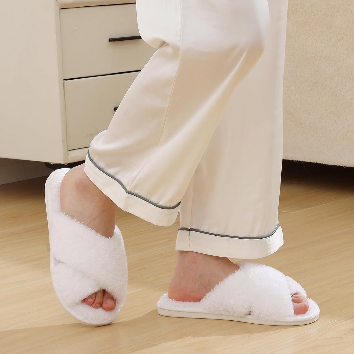 Evshine Women's Fuzzy Slippers Cross Band Memory Foam House Slippers Open Toe