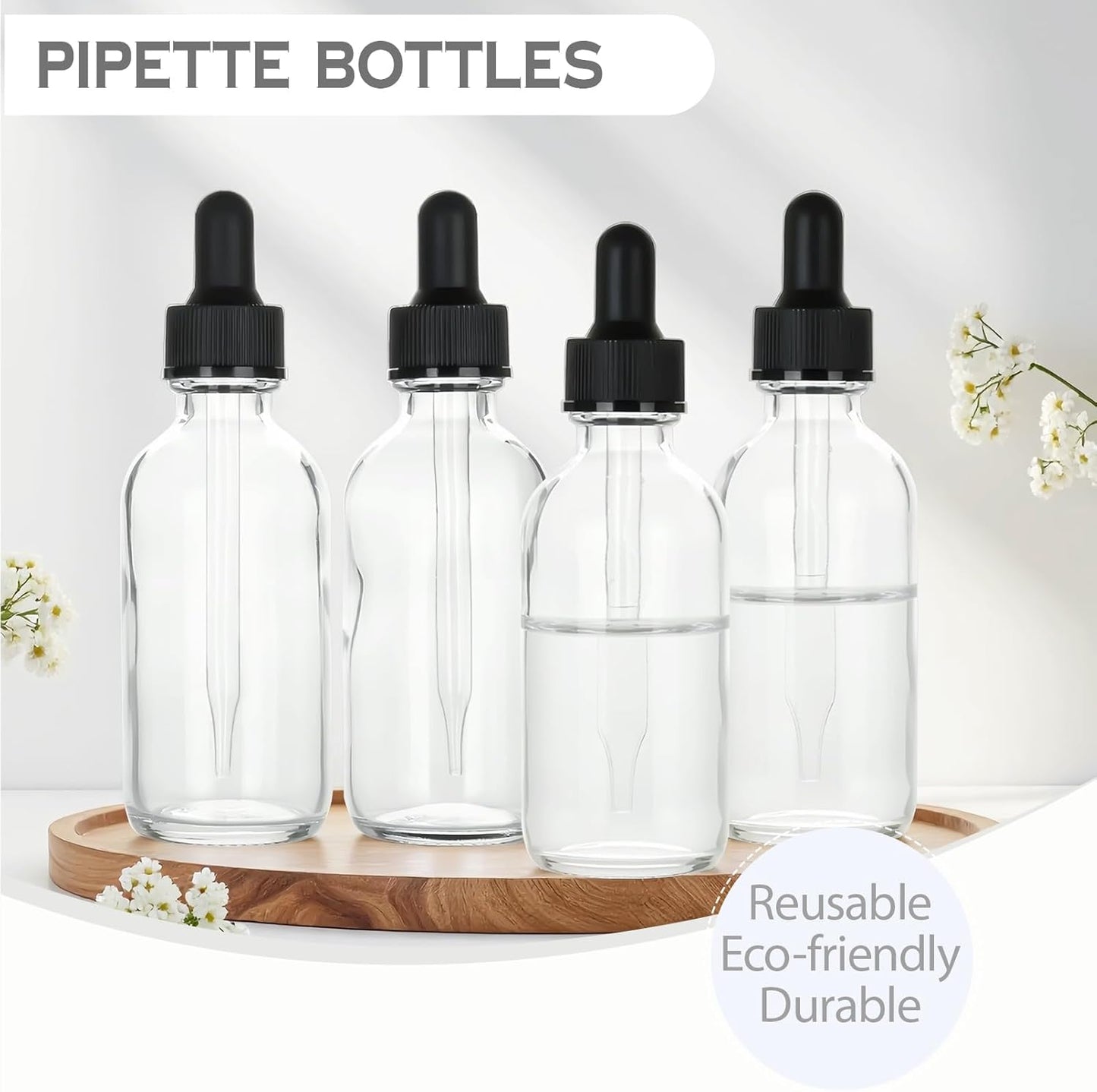 2 oz Glass Dropper Bottles,4 Pack 60ml Empty Reusable Leak Proof Thick Tincture Bottles for Essential Oils,Hair Oil,Liquids,Laboratory,Pharmacist Bottle,Massage,Perfumery Aromatherapy