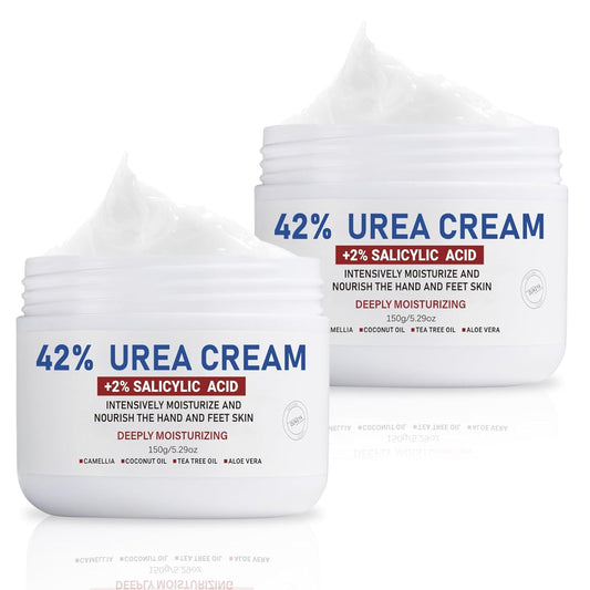 OUKEYA Urea Cream 42% plus Salicylic Acid 2% Net 5.29 Oz for Dry Cracked Feet,Heels,Knees,Elbows,Hands Repair Treatment Moisturizes and Removes Corns,Calluses,Dead Skin,and Softens Toenails Pack of 2