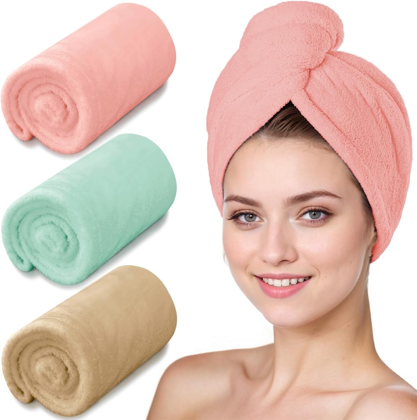Hair Drying Towel 3 Pack - Ultra Soft Microfiber Turban Twist Hair Wrap for Women - Super Absorbent, Quick Dry Hair Towel Cap for Wet Hair (3 Colors,Pink, Khaki, Green)