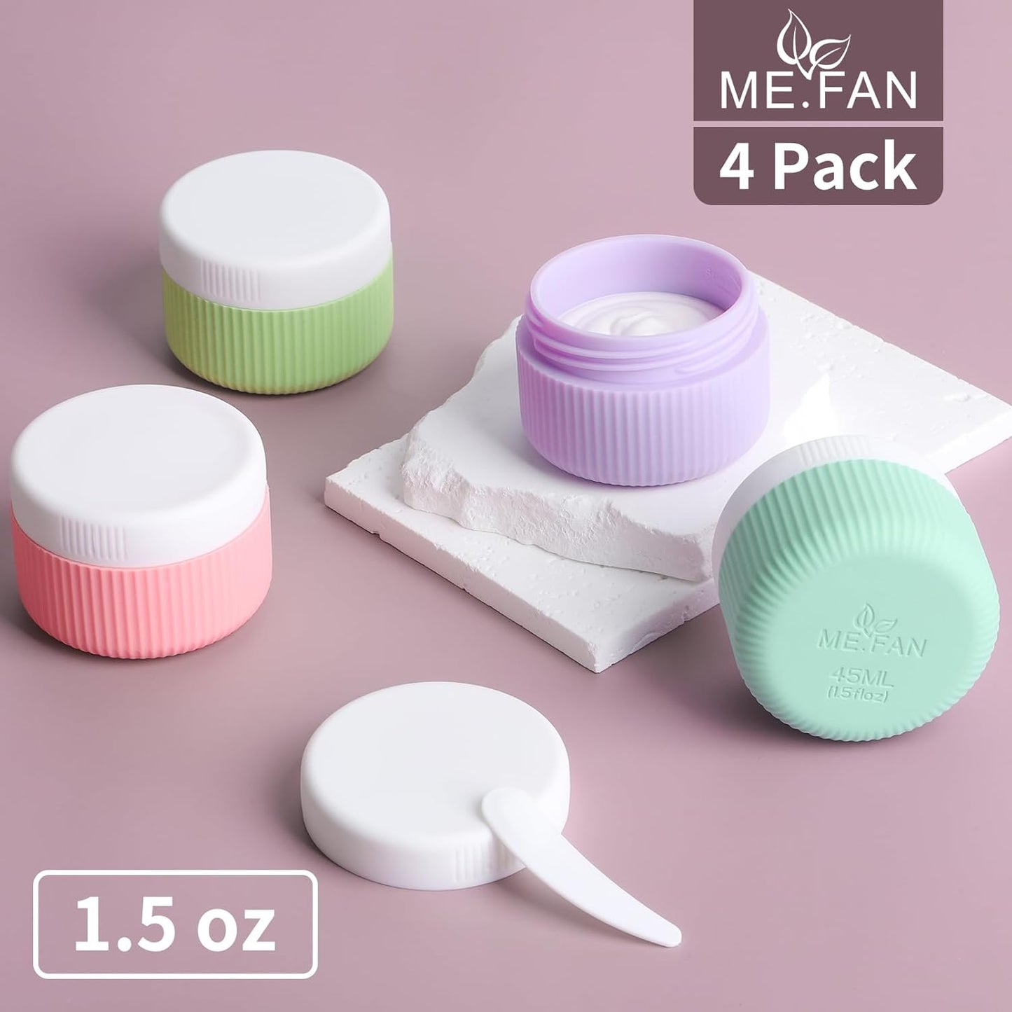 ME.FAN Travel Containers for Toiletries, TSA Approved 1.5 oz Silicone Cream Jars, Leak-proof Journey Containers, Trip Accessories with Lid for Cosmetic Face Hand 4 Pack White Lid - Bright