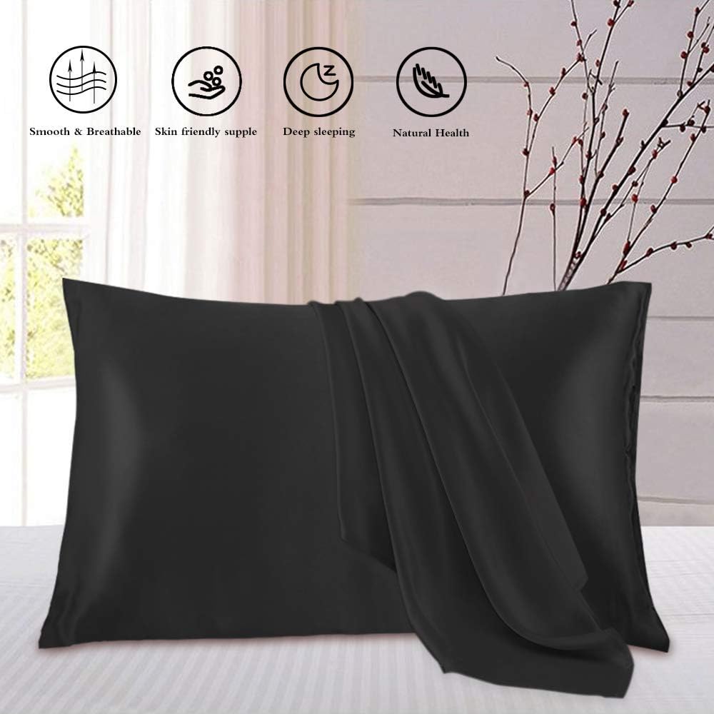 JUWENIN,Luxury Satin Pillowcase with Zipper (Silky Satin Pillow Case for Hair) Set of 2 (Queen, Black)