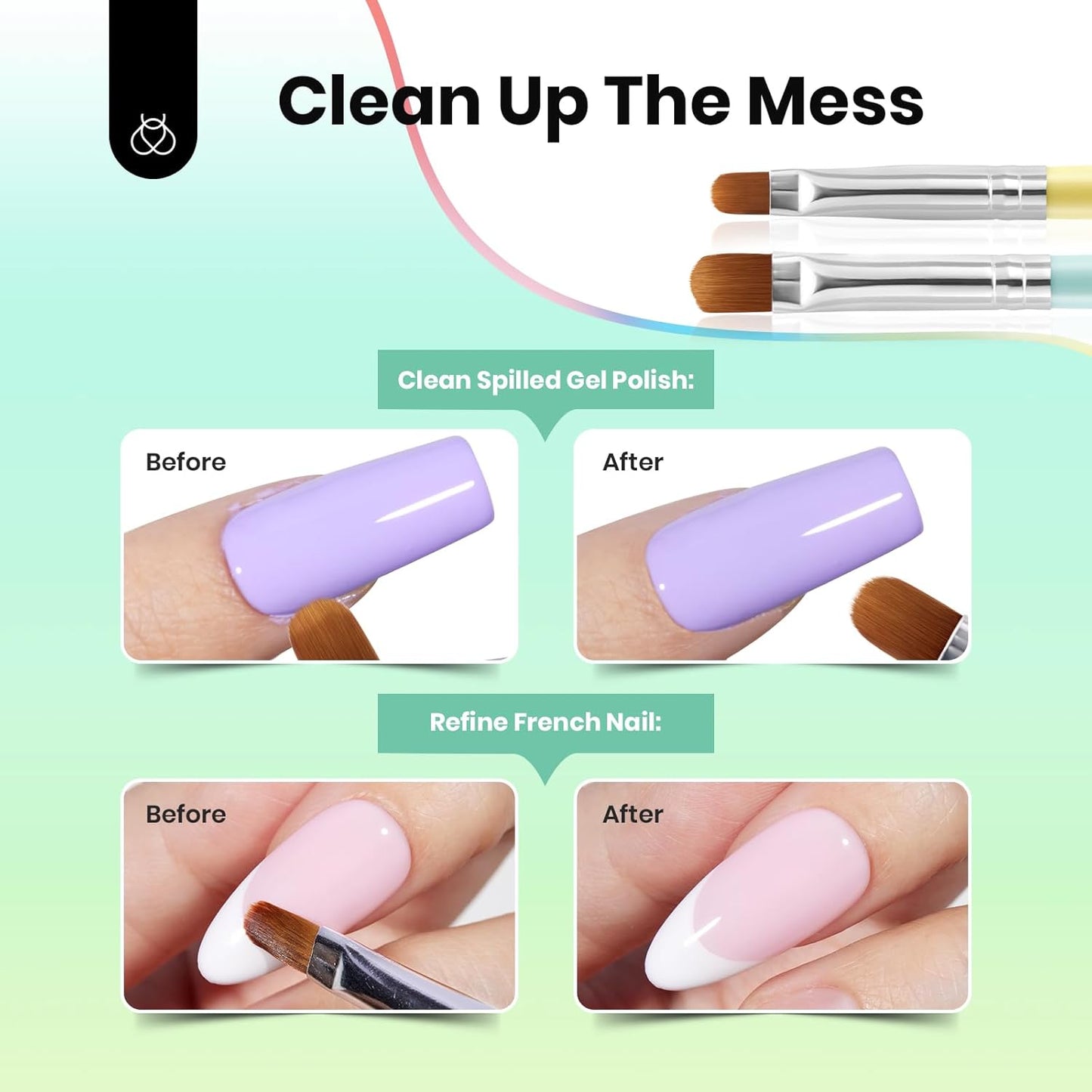 Beetles Nail Art Clean Up Brushes, 2 PCS Nail Brush with Dotting Tool for Cleaning, Size16+Size 6 Nail Art Design Acrylic Nail Brush design French Tips Tool Nail Brushes For Nail Art Manicure