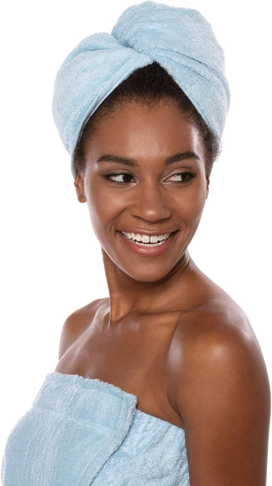 Texere Women's Rayon and Cotton Terry Spa Towel Wrap - Absorbent and Fast Drying for All Hair Types - Comfortable Cap With Loop and Twist Closure (Tya, Robin's Egg, U)