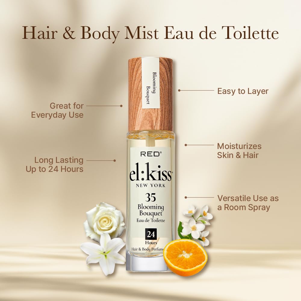EL:KISS Hair Perfume & Body Mist, Blooming Bouquet Inspired by Miss D. Eau de Toilette 30mL (1.01 Fl Oz), Hydrating & Long-Lasting, Alcohol & Mineral Oil-Free, With Jojoba, Argan Oil & Aloe Vera