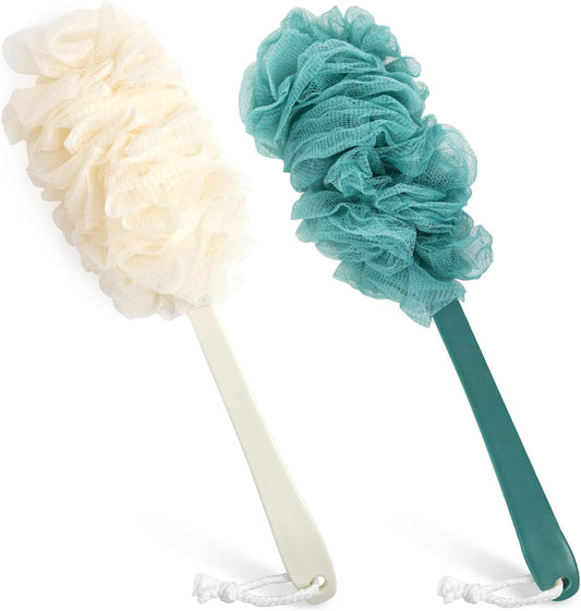 2Pack Back Scrubber for Shower，PIPUHA Loofah Sponge Shower Brush Using Body Exfoliating with Long Handle, Loofah on a Stick for Men Women, Bathing Accessories for Body Brushes (Blue and White)