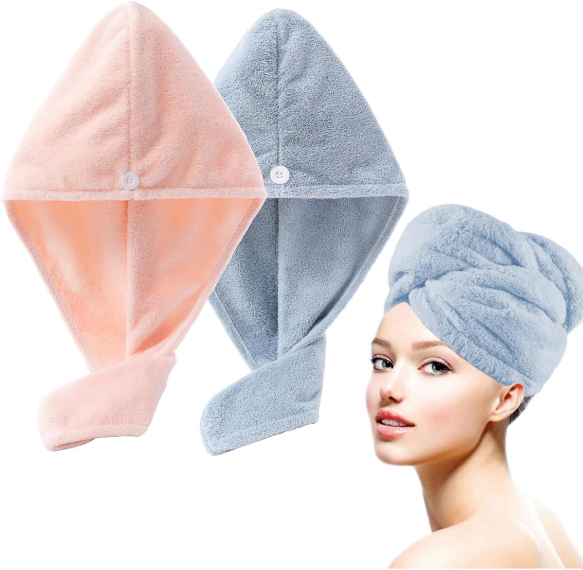 Bath Pre Dry Hair Towel 2 Pack - Quick Dry Super Absorbent Lightweight Turban With Button - Drying Wrap for Shower Wellness, Pink Blue