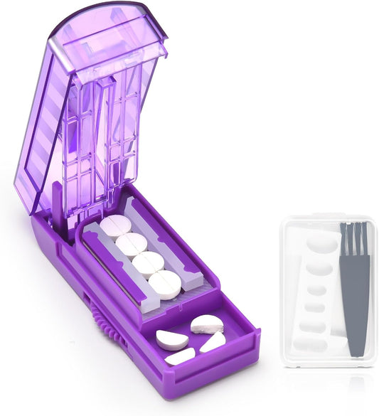 Multiple Pill Cutter for Small or Large Pills, Adjustable Pill Splitter for Multi Tablets, Stainless Steel Cutting Blade and Blade Guard (Purple)