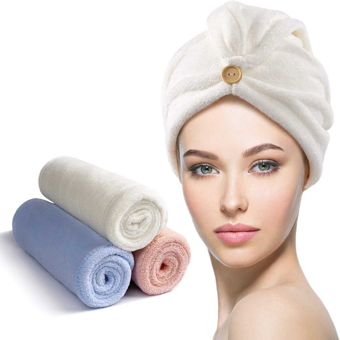 YFONG 3 Pack Hair Towel Wrap for Women with Button, Super Absorbent Microfiber Hair Towel for Wet Long Short Curly Hair, Soft Fast Drying Hair Turban Towel Anti Frizz（Blue, Pink, White）
