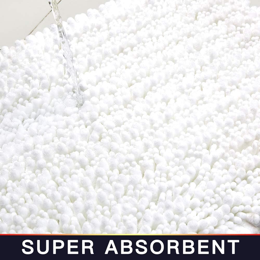 Walensee Bathroom Rug 2 Pieces Set Non Slip Bath Mat (20"x32" Plus 20"x32" White) Water Absorbent Super Soft Shaggy Chenille Machine Washable Dry Extra Thick Perfect Carpet for Shower Floor