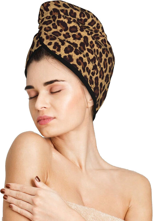 Leopard Hair Towel Wrap Microfiber Fast Drying Hair Turban with Buttons for Women Men Drying Curly, Long & Thick Hair