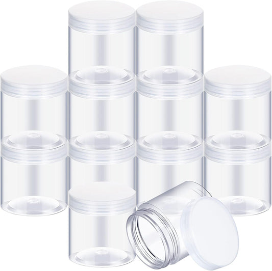 SATINIOR 12 Pack Plastic Container Jars with Lids Round Clear Travel Cosmetic Container Jars for Toiletries, Lotion, Cream, Ointments, Makeup, Rhinestone, Samples, Kitchen Storage (7 Ounce, Clear)