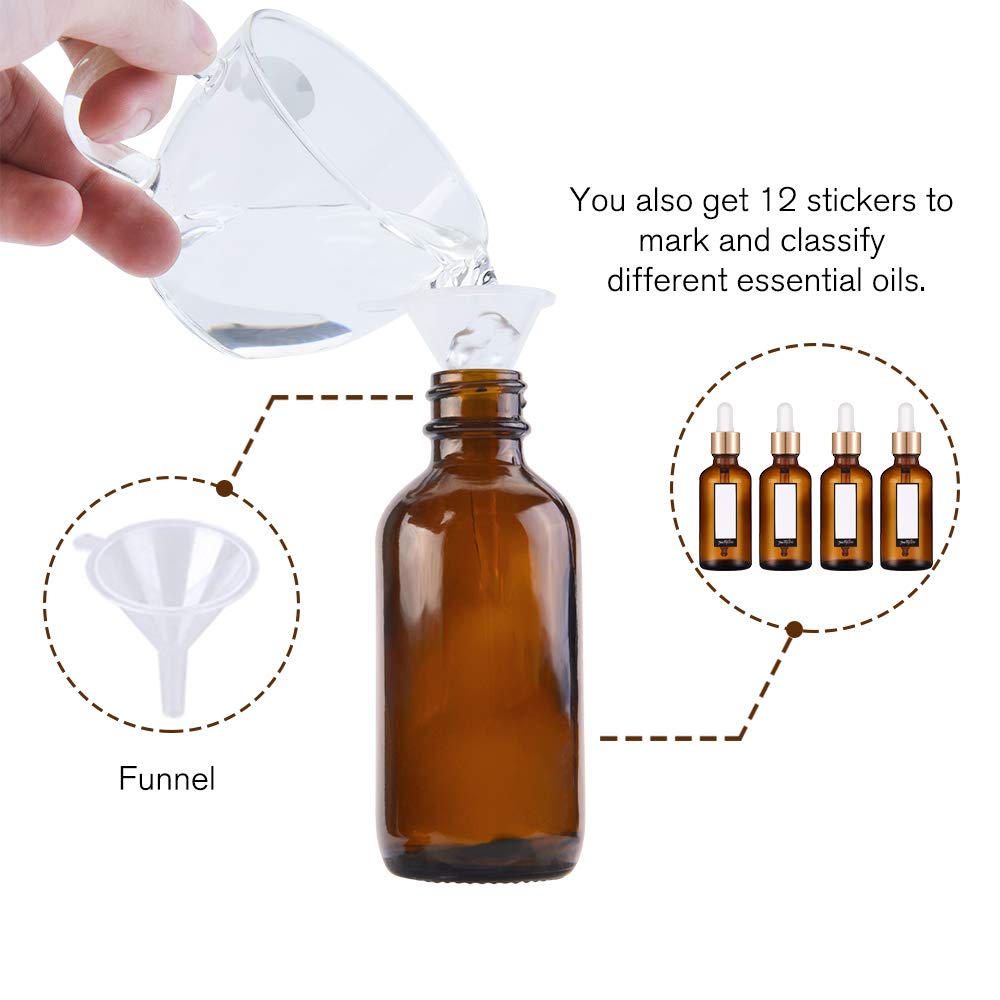 PrettyCare 2 oz Dropper Bottles, 4 Pack Amber Glass Bottles 60ml with Golden Caps, 12 Labels, Funnel & Measured Pipettes-Empty Tincture for Essential Oils & Skincare