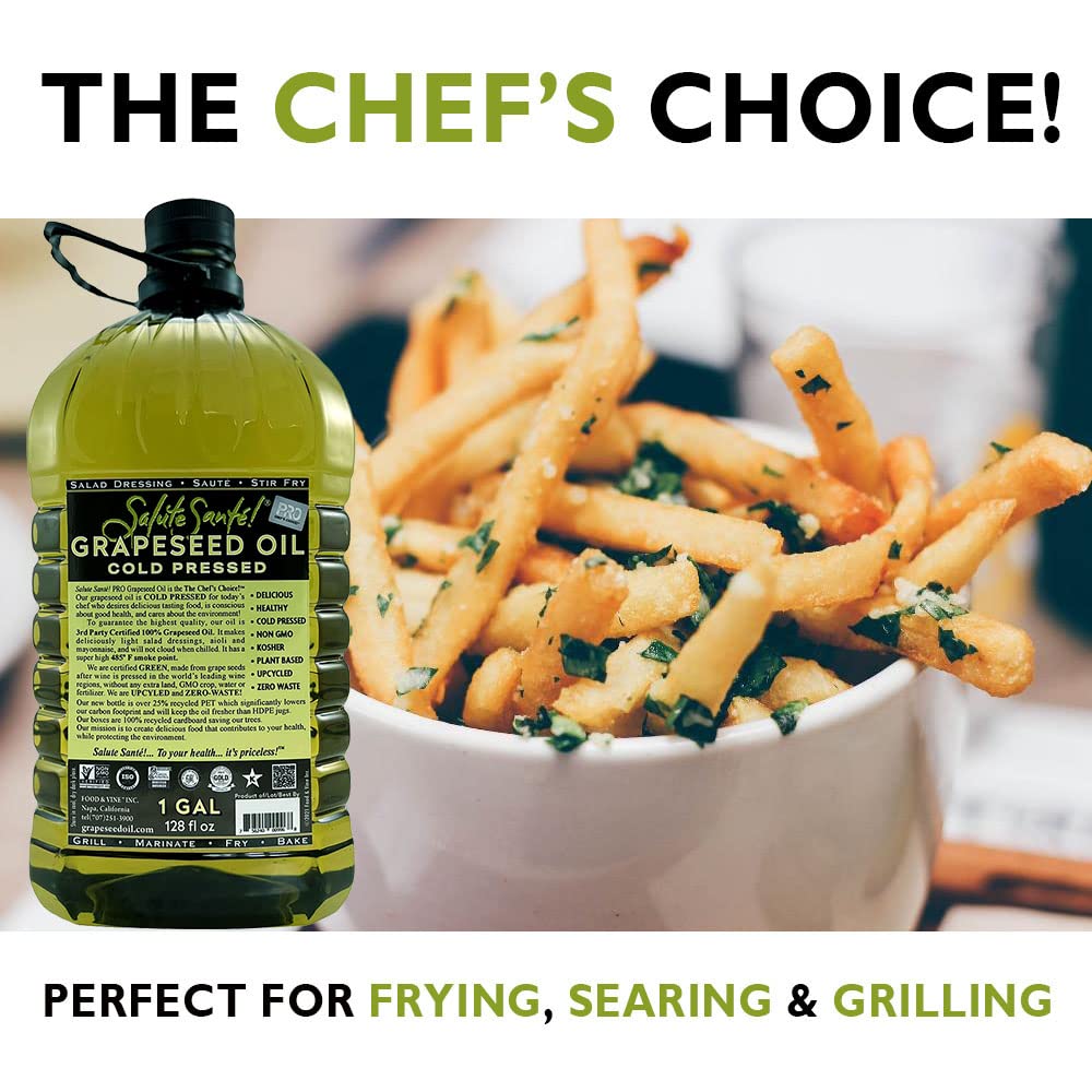 Cold Pressed Grapeseed Oil by Salute Sante! High Temperature Cooking, Healthy Grape Seed Oil, Non-GMO and Kosher for Salad Dressings, Marinades and Dips, Vegan, 1 Gallon, 4 Pack