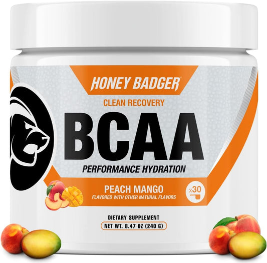 Honey Badger BCAA + EAA Amino Acids Powder, BCAAs + L-Glutamine, Keto, Vegan, Sugar Free for Men & Women, Hydration & Post Workout Muscle Recovery Drink Mix, Peach Mango, 30 Servings