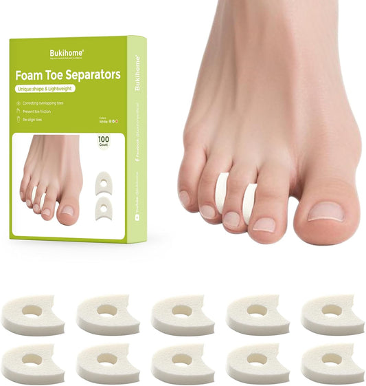 Bukihome 100 Pack Foam Toe Separators - Correct Overlapping Toes and Reduce Friction - Breathable and Comfortable, Foam Toe Spacers for Women