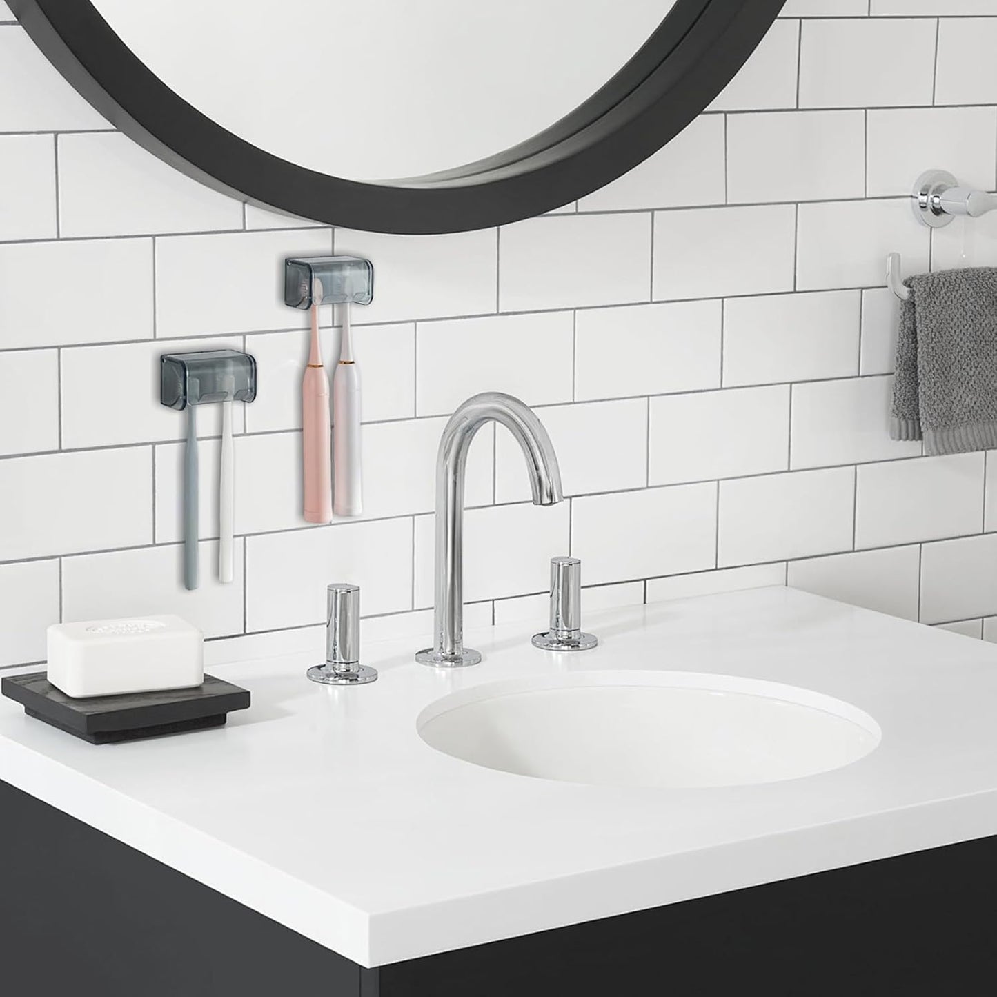 2 PCS Wall-Mounted Toothbrush Holder with Cover, 2-Slot Organizer for Bathroom, Shower, Dorm, Cabinet (Clear)