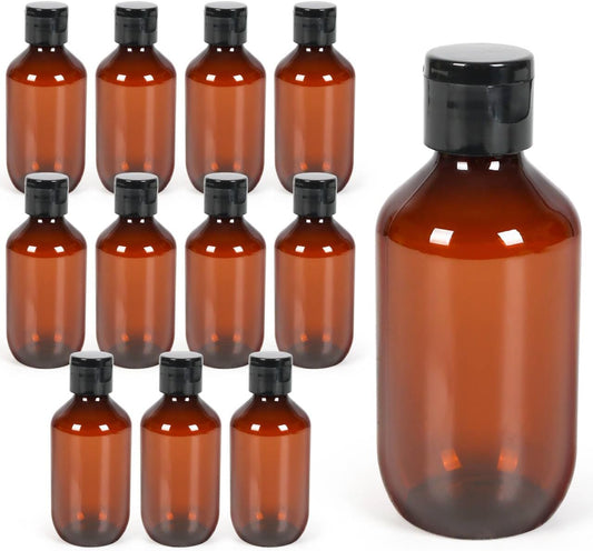 12 Pack 3.4oz Amber Travel Bottles with Flip Cap, Small Plastic Dispenser Container, Empty Bottles Set for Essential Oils Hair