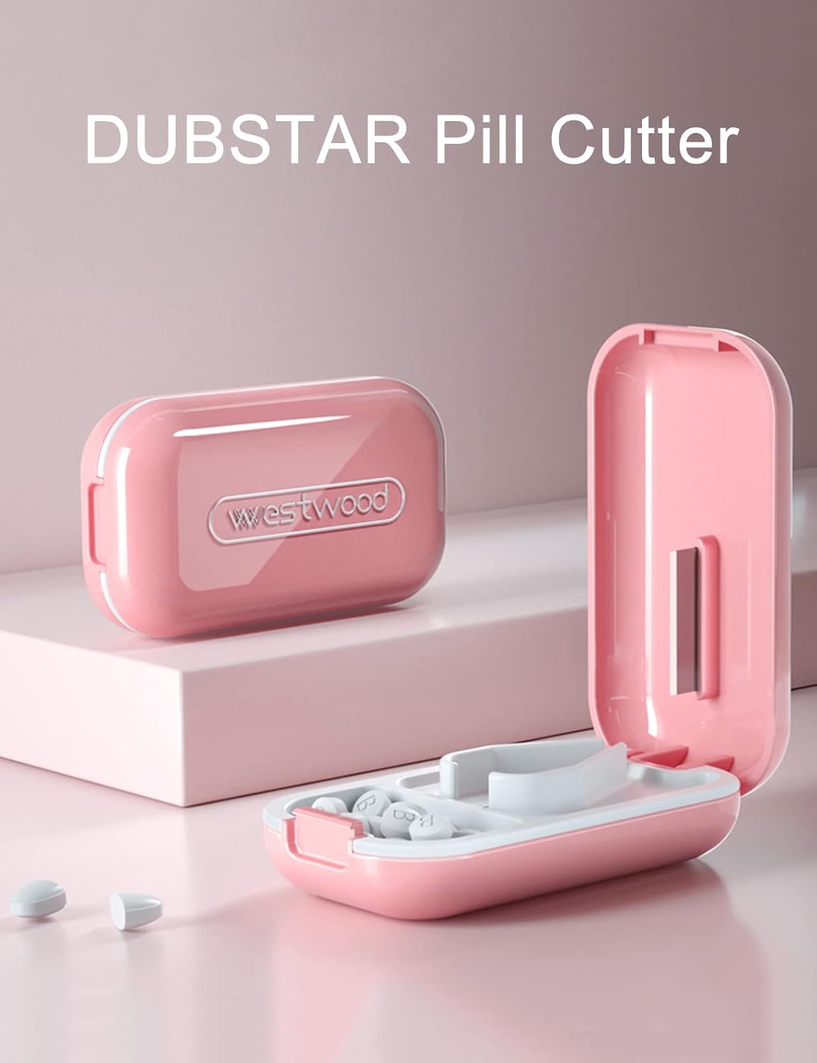 DUBSTAR Small Pill Cutter, Pill Cutter Splitter for Small and Tiny Pills, Portable Pretty Pill Cutters for Large Pills, Cuts Vitamins Tablets for Purse Pocket (2 PCS Pill Cutters, White+Pink)