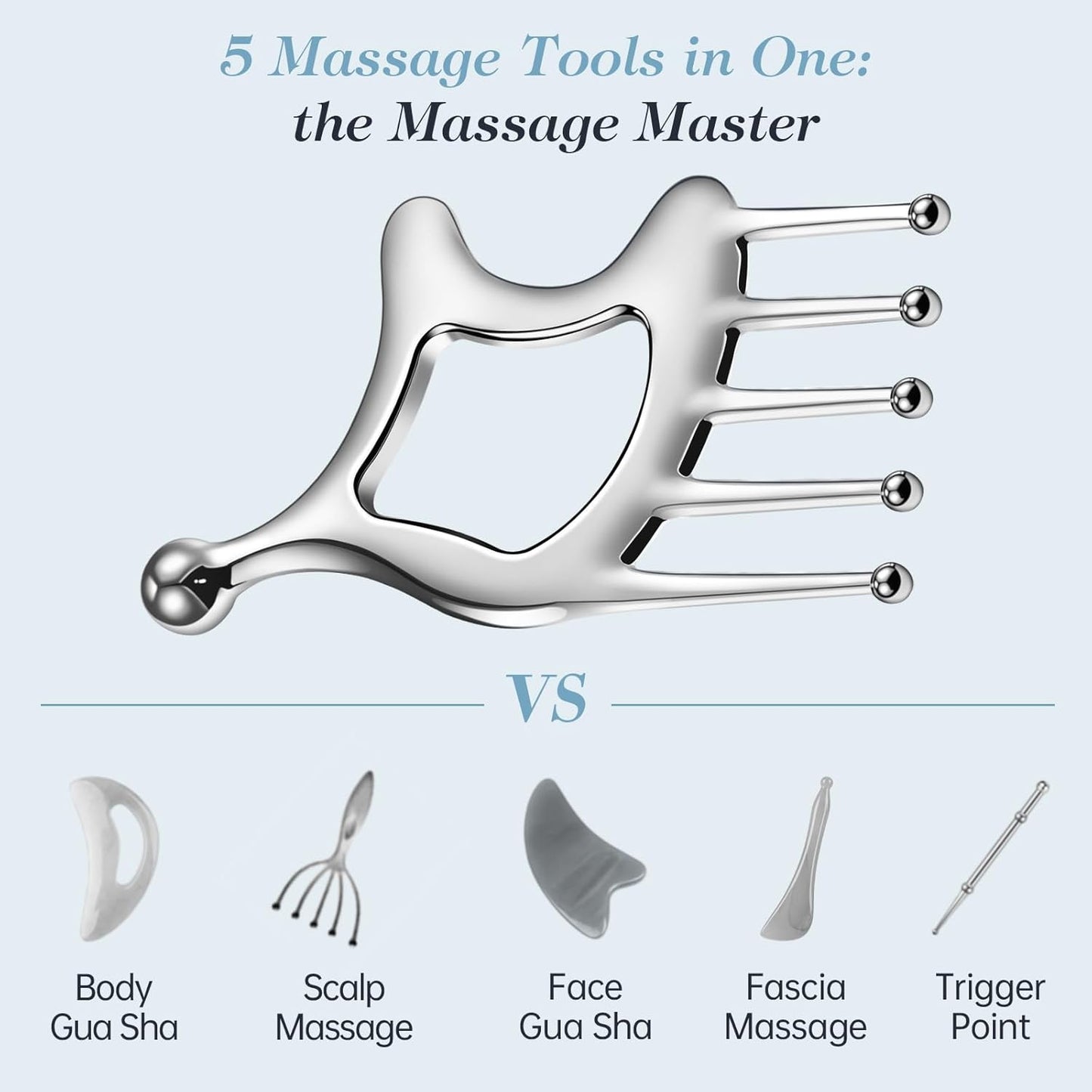 Metal Gua Sha Facial Tools, Portable Scalp Massage Tool, 5 in 1 Massage Comb for Head, Neck, Shoulders, Legs & Arms Hand Held Head Massager for Deep Relaxation and Relieving Fatigue & Pain, Home SPA