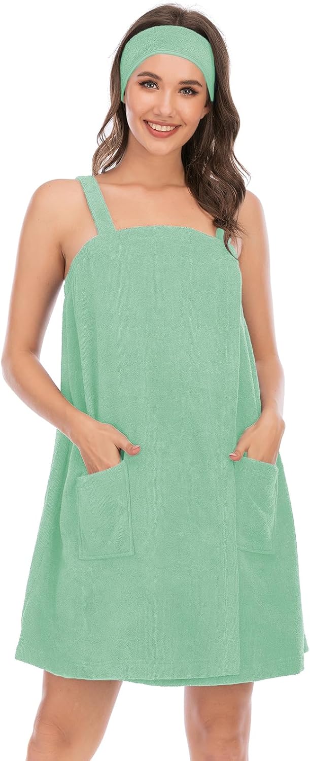 Veseacky Women Bath Wrap Towel for Womens Shower with Pocket Adjustable Spa Robe & Facial Headband