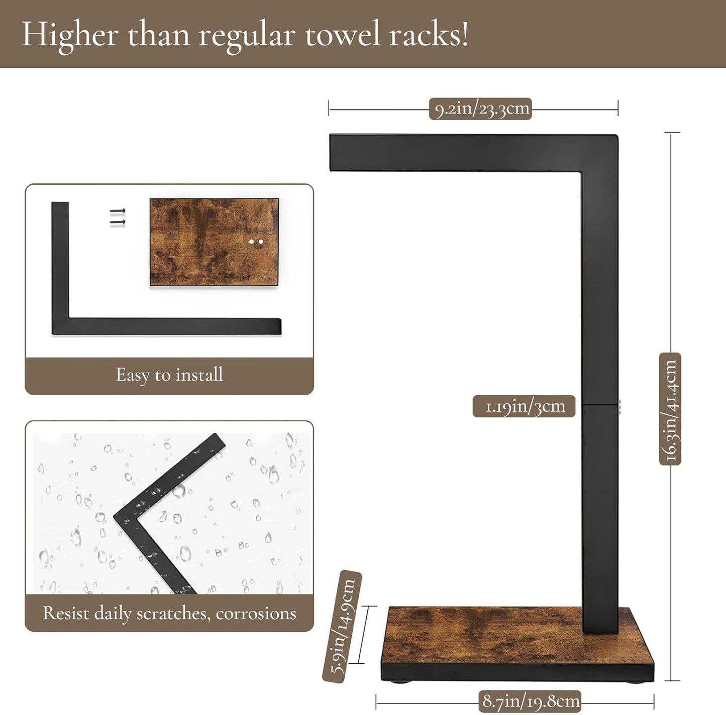 Hand Towel Holder for Bathroom, Hand Towel Stand with Wood Base, L-Shape Hand Towel Rack Height 16.3'' for Vanity Countertop, Kitchen Counter, (Rustic Brown-Square Base-L Shape)