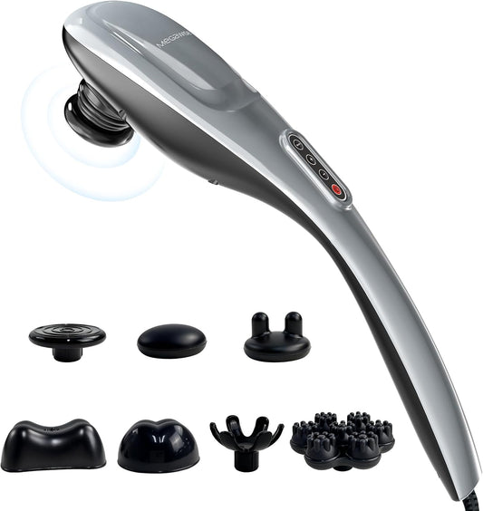 MEGAWISE Handheld Back Massager | Deep Tissue Percussion Massage for Back, Neck, Shoulders, Waist and Legs (Silver Grey) with 6ft Power Cord, Ergonomic Handle