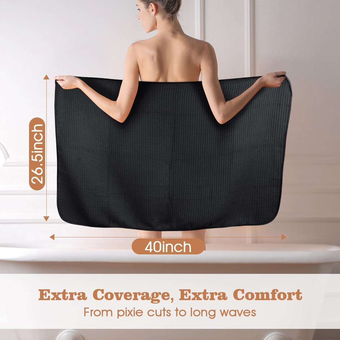 GLIMGLINT 2 Pack Large Microfiber Hair Towel Wrap for Women, Super Soft Hair Drying Towel, Fast Drying Waffle Hair Towel Wrap with Elastic Strap 40"X26.5" (Black)