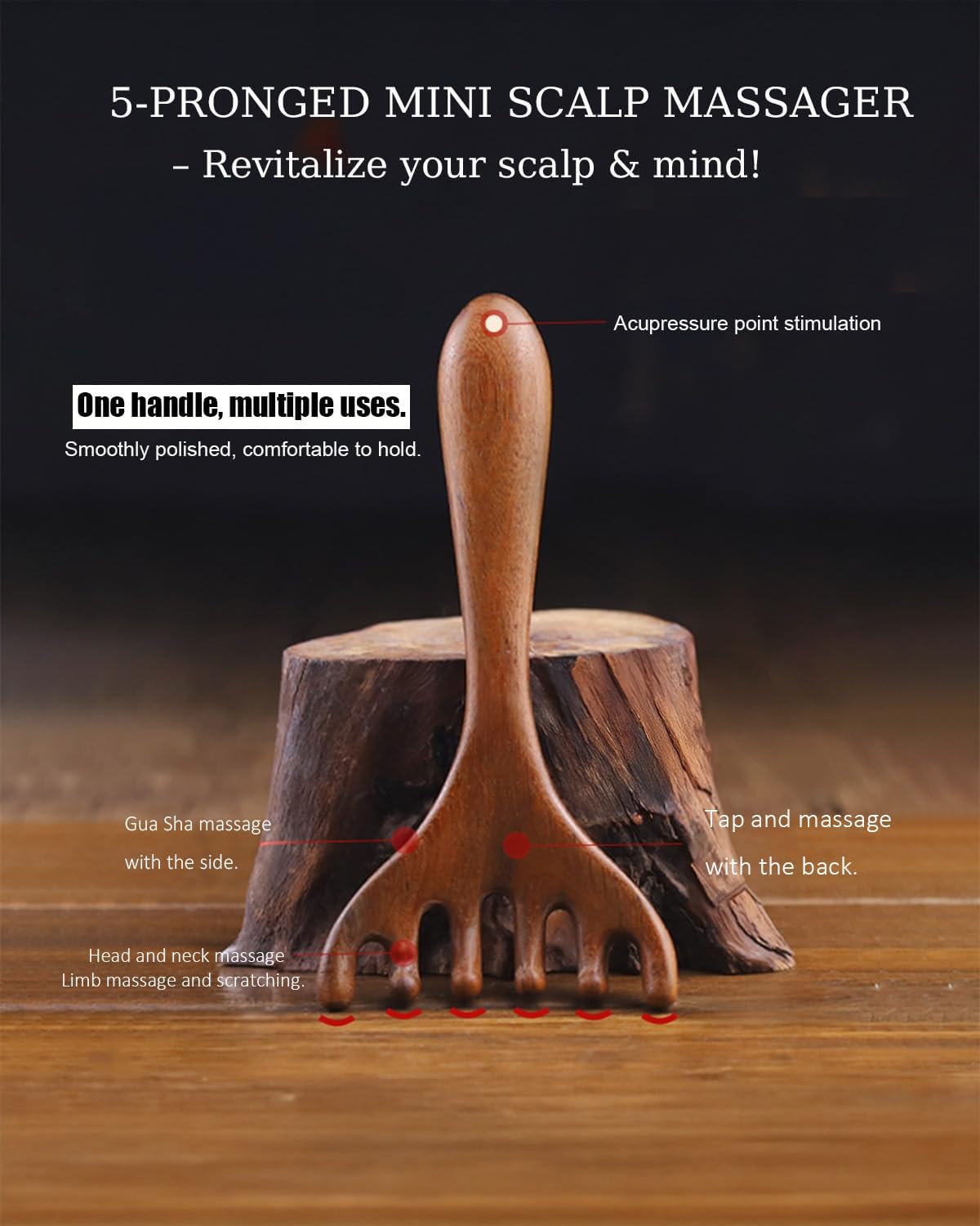 Tinuos Portable Wooden Head Scratcher Massager, 2 Pack Manual Scalp & Neck Massage Tool for Stress Relief and Hair Growth, for Men and Women