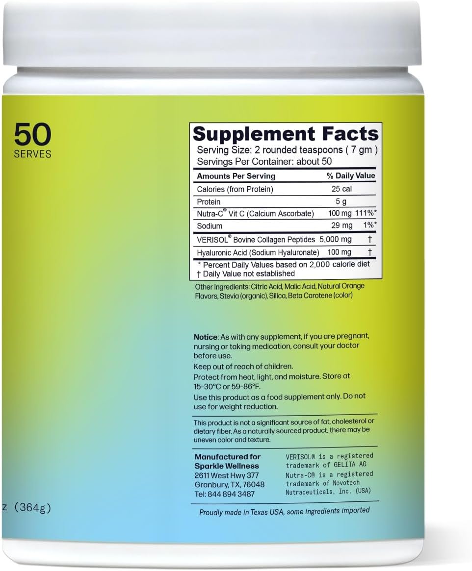 Sparkle Wellness VERISOL Bioactive Hydrolyzed Collagen Peptides | Collagen Powder Supplement with Vitamin C & Hyaluronic Acid for Hair, Skin, and Nail Health | Skin Boost Plus (Orange) [50-Serves]