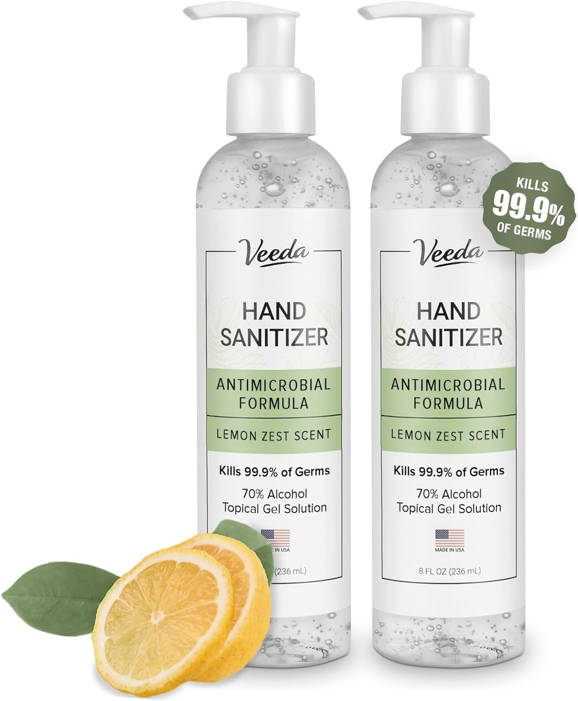 Veeda Scented Hand Sanitizer with Lemon Zest Scent - Moisturizing Clear Gel with Vitamin E & Antimicrobial Formula- Contains 70% Ethyl Alcohol - Hand Sanitizer Travel Size, Made in USA (2 x 8 oz. fl)